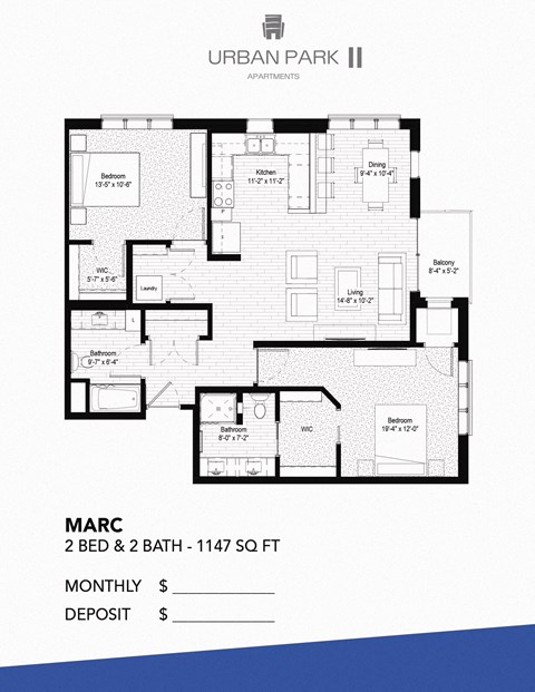 2 bedroom 2 bath floor plan drawing, Marc at Urban Park I and II Apartments, Minnesota