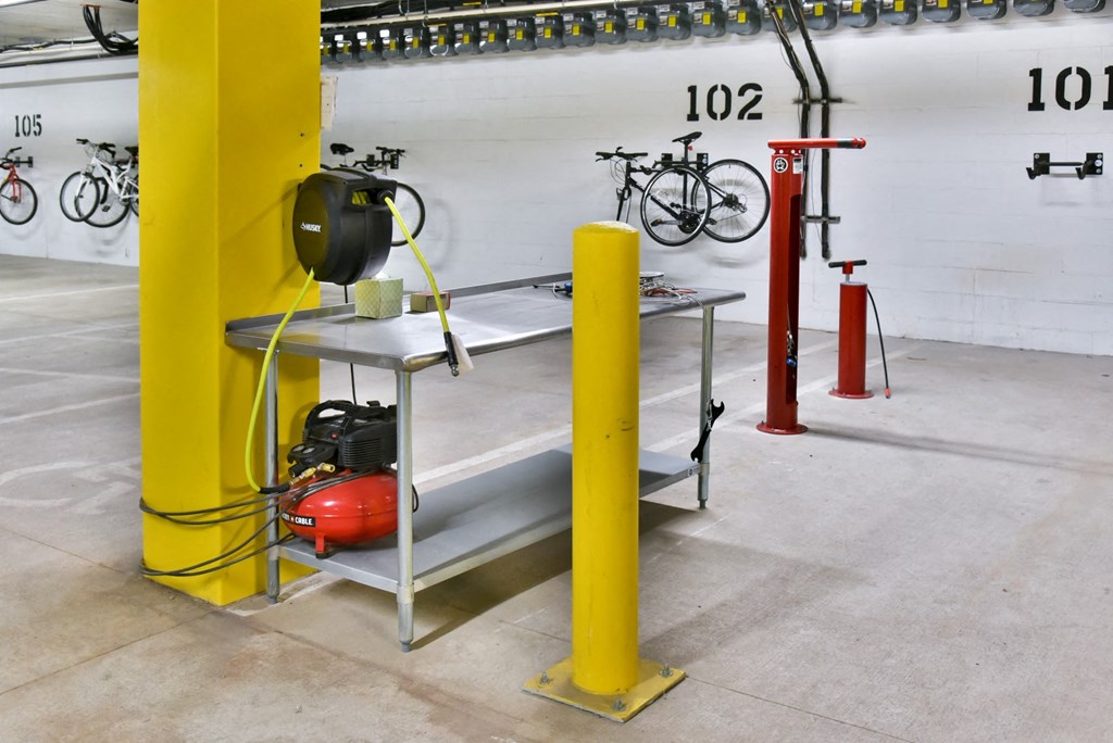 Bike repair station in parking garage at Victoria Flats, MN