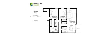 A floor plan for a Shoreview Grand Apartment Living Victoria Gold showing two bedrooms, a living room, a dining area, a kitchen, a bathroom, and a balcony.