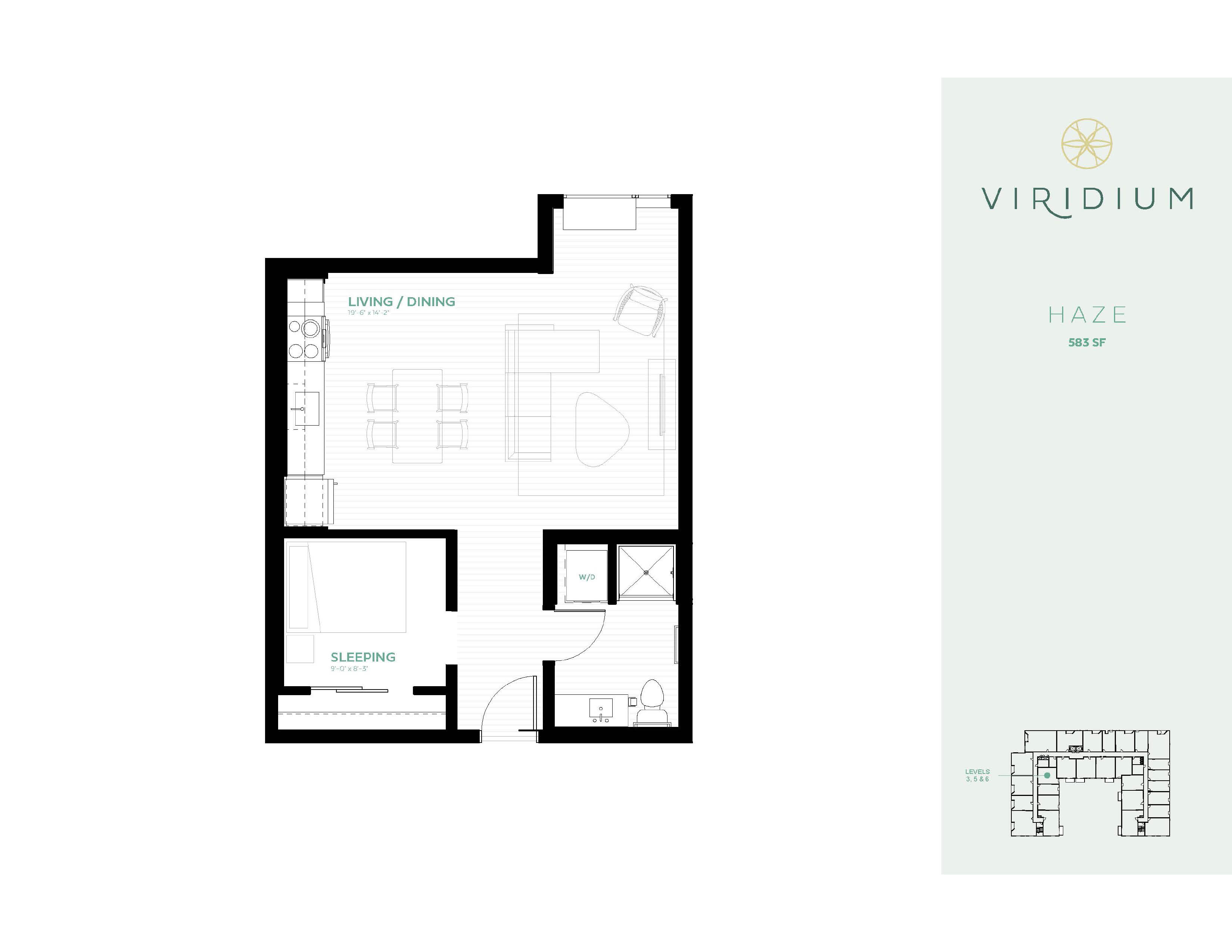 A floor plan for a Viridium Haze apartment shows a living and dining area on the left and a sleeping area on the right.