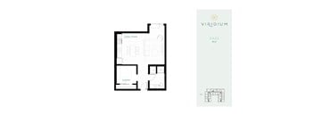 A floor plan for a Viridium Haze apartment shows a living and dining area on the left and a sleeping area on the right.
