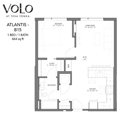 1 bedroom 1 bathroom floor plan at Volo at Texa Tonka Apartments, St Louis Park, MN, 55426