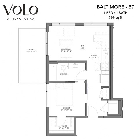1 bedroom 1 bathrooms floor plan  at Volo at Texa Tonka Apartments, St Louis Park, MN