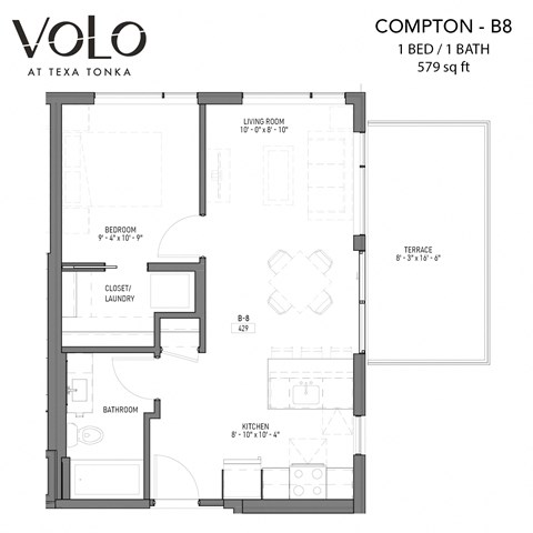 1 bedroom 1 bathroom floor plan Mat Volo at Texa Tonka Apartments, Minnesota, 55426