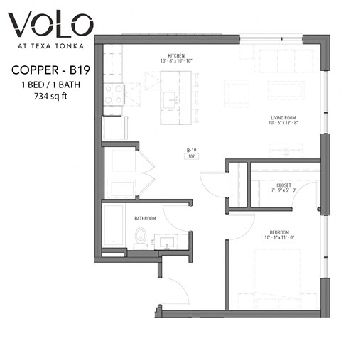 1 bedroom 1 bathroom floor plan N at Volo at Texa Tonka Apartments, St Louis Park, MN, 55426