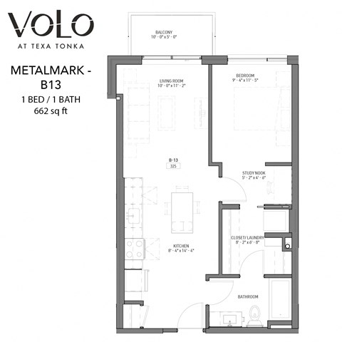 1 bedroom 1 bathroom floor plan R at Volo at Texa Tonka Apartments, St Louis Park