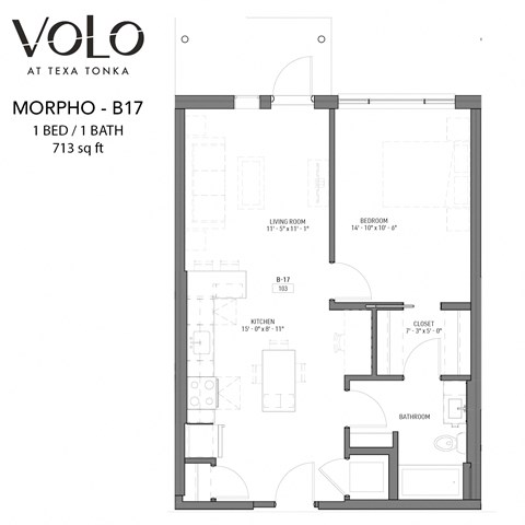 1 bedroom 1 bathroom floor plan T at Volo at Texa Tonka Apartments, Minnesota, 55426