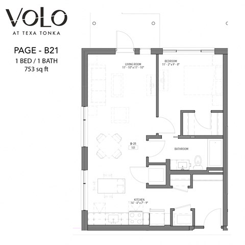 1 bedroom 1 bathroom floor plan U at Volo at Texa Tonka Apartments, St Louis Park, MN, 55426