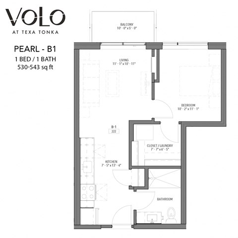 1 bedroom 1 bathroom floor plan V at Volo at Texa Tonka Apartments, St Louis Park, 55426
