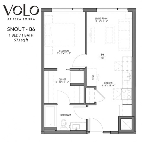 1 bedroom 1 bathroom floor plan Wat Volo at Texa Tonka Apartments, St Louis Park