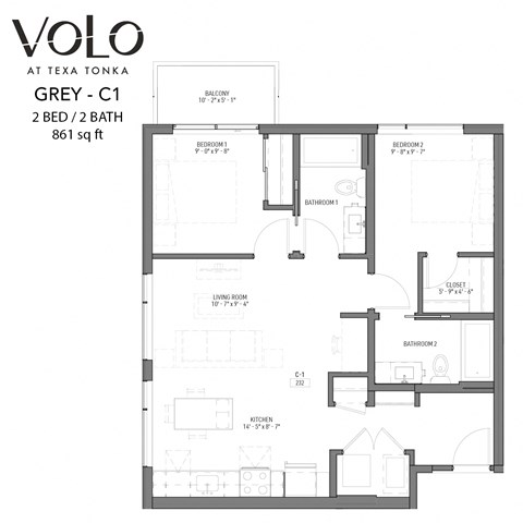 2 bedroom 2 bathrooms floor planat Volo at Texa Tonka Apartments, St Louis Park, MN, 55426