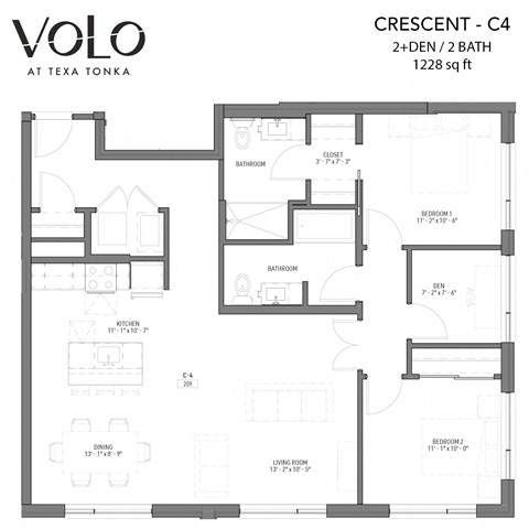 2 bedroom 2 bathrooms floor plan C at Volo at Texa Tonka Apartments, St Louis Park, Minnesota
