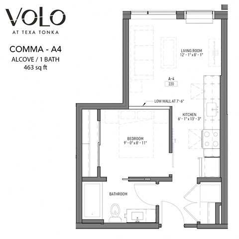 Studio 1 bathroom floor plan Eat Volo at Texa Tonka Apartments, Minnesota, 55426