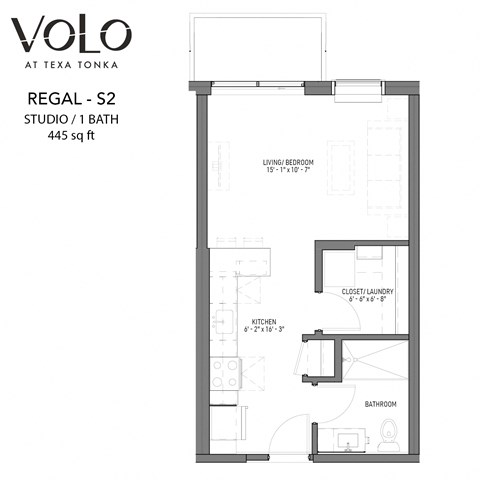 Studio 1 bathroom floor plan B at Volo at Texa Tonka Apartments, St Louis Park, Minnesota