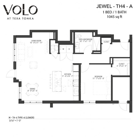 1bedroom 1 bathroom floor plan A at Volo at Texa Tonka Apartments, Minnesota, 55426