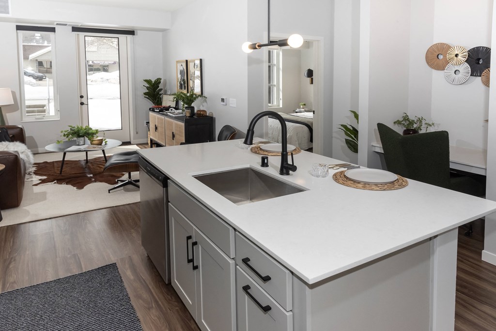 an open concept kitchen and living room in a 555 waverly unit