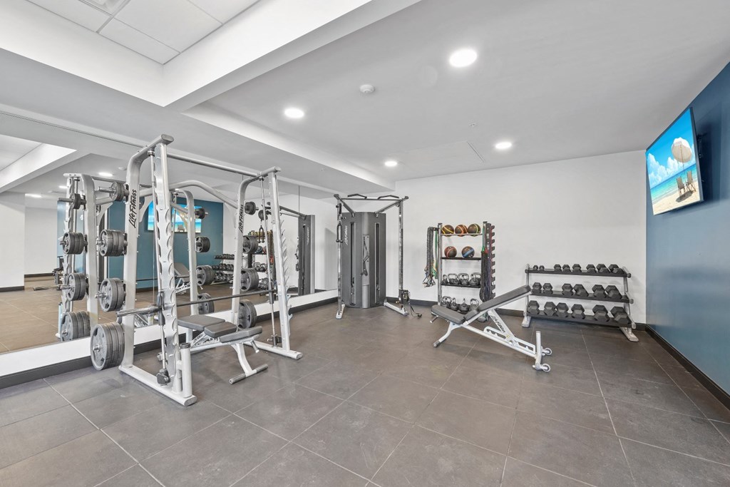 a gym with weights and dumbbells on the floor and a wall of mirrors