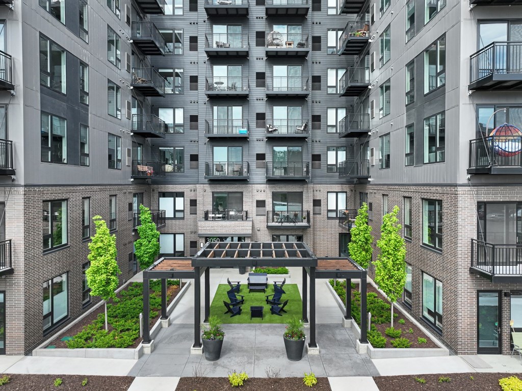 a view of the courtyard at the m on hennepin apartments in minneapolis,