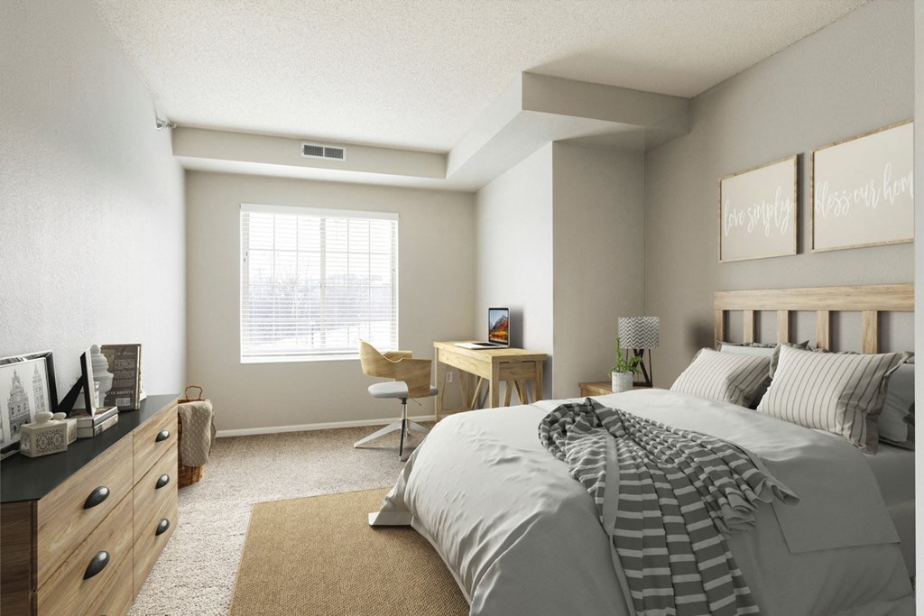 Stylish Bedroom with Desk at Waterstone Place in Minnetonka, Minsesota