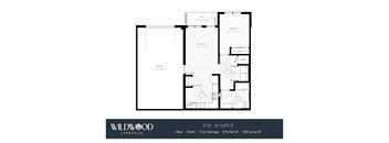A floor plan for a property by Wildwood Lakeville shows a 1 bedroom, 1 bathroom, and 1 car garage apartment.