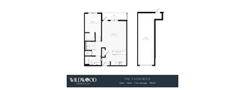 A floor plan for a Wildwood Lakeville property shows a 1-bedroom, 1-bath home with a 1-car garage.
