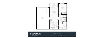 A floor plan for a home with a garage, two bedrooms, a bathroom, and a kitchen.