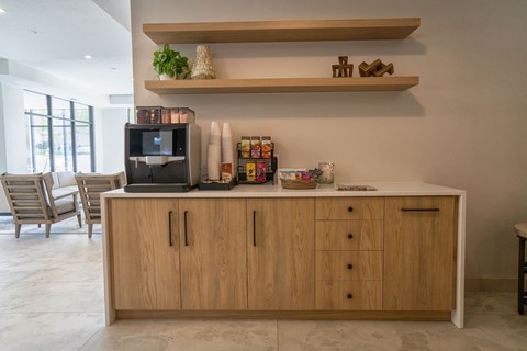 A kitchen with wooden cabinets and a countertop with a microwave and spices.