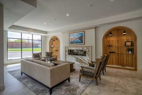 A living room with a fireplace and a couch.
