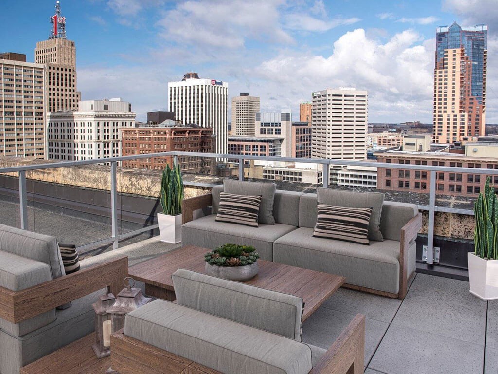 Rooftop patio at Custom House penthouse, St Paul, MN
