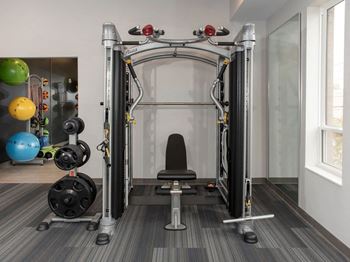fitness room with weights and yoga room at Urban Park I and II Apartments, St Louis Park, MN, 55426