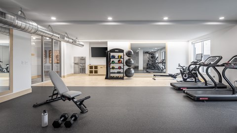 A spacious gym with a variety of equipment including treadmills, weights, and exercise balls.
