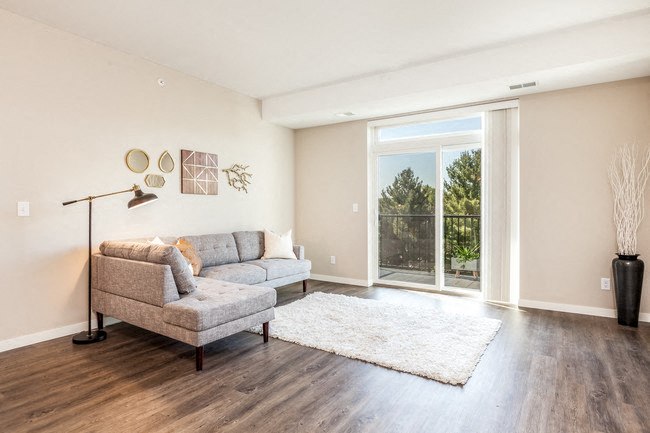 a living room with a couch and a rug