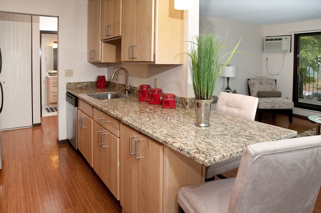 a kitchen with a granite counter top and a sink