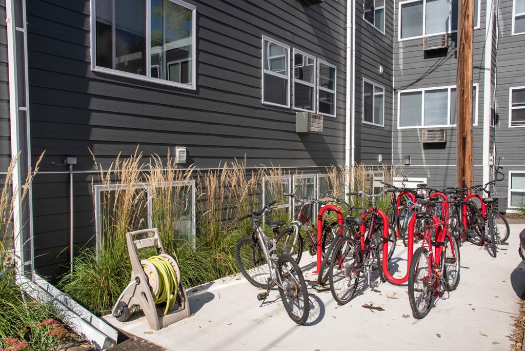 a row of bikes parked in front of a house