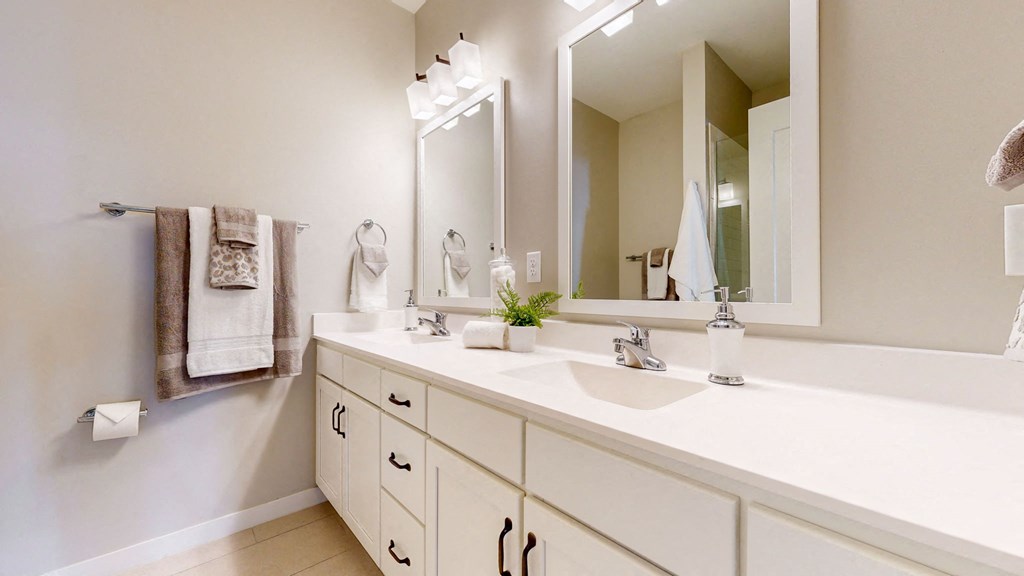 A bathroom with a white counter and a large mirror.
