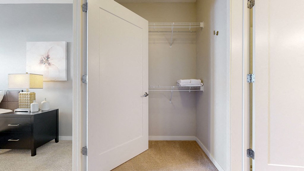 A white door is open to a small closet with a shelf.