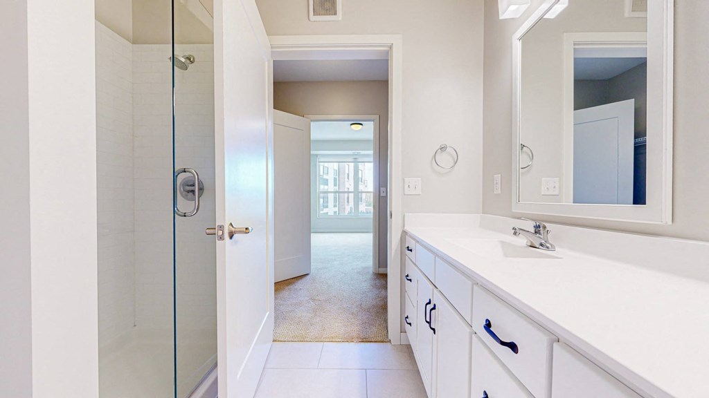 A bathroom with a white sink and a glass shower door.
