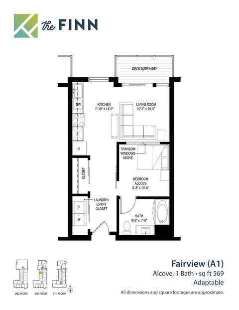 Studio 1 bathroom floor plan at The Finn Apartments, St. Paul, MN