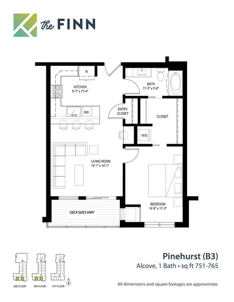 1 bedroom 1 bathroom Floor plan B at The Finn Apartments, St. Paul, MN