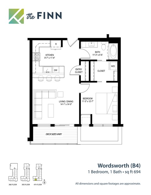 1 bedroom 1 bathroom Floor plan D at The Finn Apartments, St. Paul, 55116