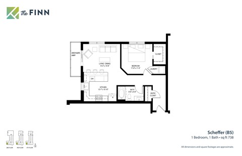 1 bed 1 bathroom Floor plan at The Finn Apartments, St. Paul, Minnesota