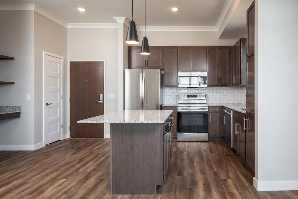 A modern kitchen with a wooden floor and stainless steel appliances.at The Edison at Maple Grove, Maple Grove, MN