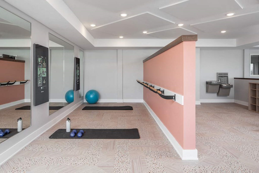 A room with a mirror, exercise balls, and yoga mats.at The Edison at Maple Grove, Maple Grove, 55311