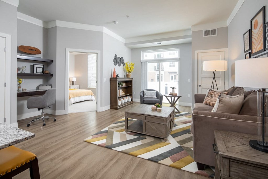 A modern living room with a grey couch, a coffee table, and a striped rug at The Edison at Rice Creek I and II, Minnesota, 55126