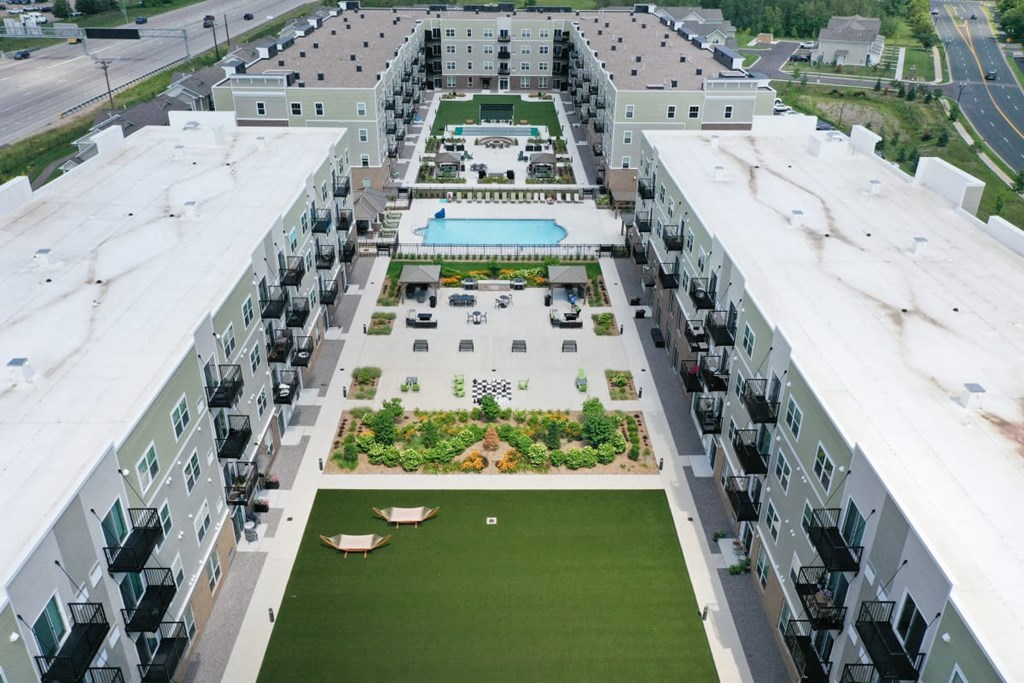 Aerial Courtyard View at The Edison at Rice Creek I and II, Shoreview, MN