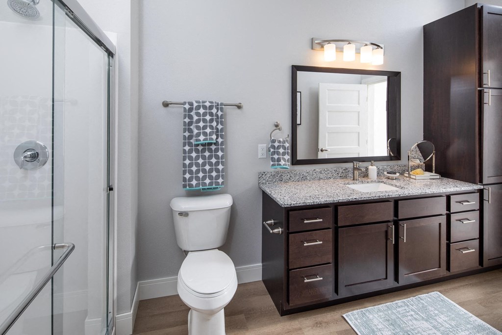 A bathroom with a toilet, sink, and mirror at The Edison at Spirit, Lakeville, MN 55044
