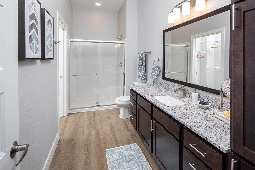 A bathroom with a toilet, sink, and mirror at The Edison at Spirit, Lakeville, MN 55044
