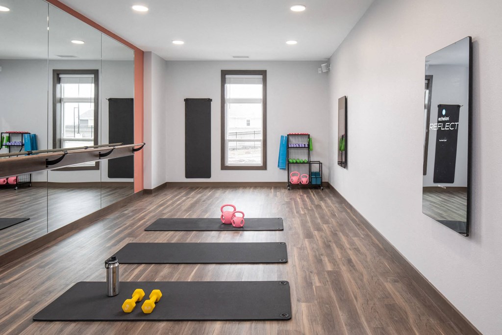 A yoga studio with mats and yoga balls at The Edison at Woodbury, Minnesota, 55129