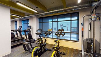 A gym with exercise bikes and a treadmill at The Bessemer at Seward Commons Apartments, Minnesota, 55404
