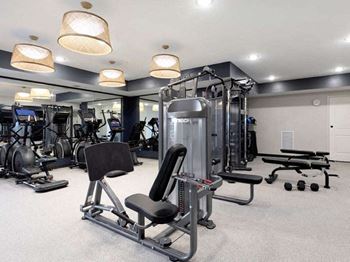 A well-equipped gym with various exercise machines and weights at The Barnum Apartments, Minnesota, 55110
